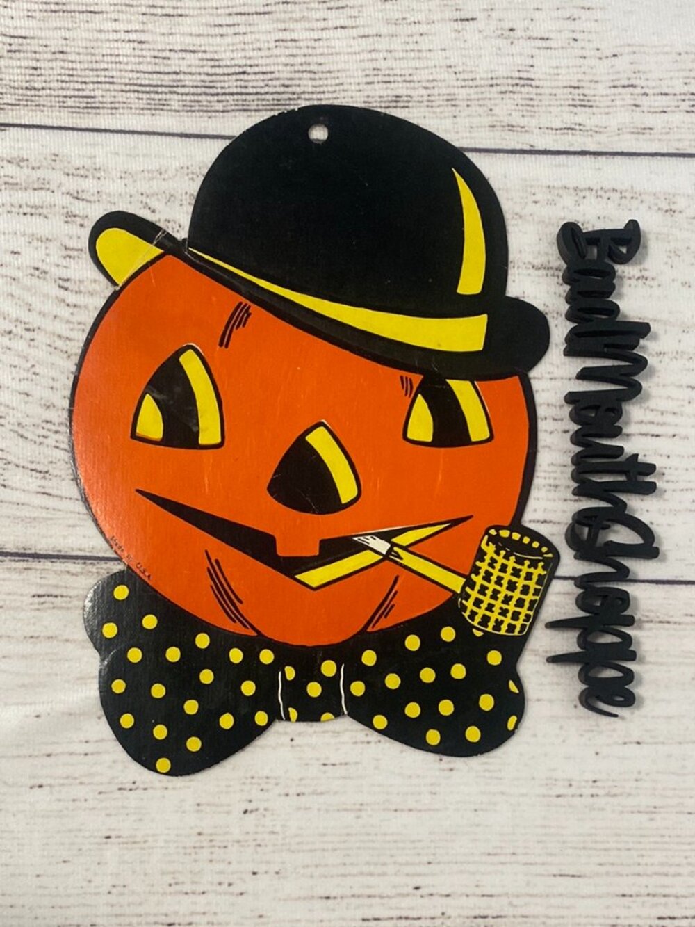 Vintage Halloween Luhrs Diecut Embossed Pumpkin Jack-O-Lantern Derby Pipe JOL